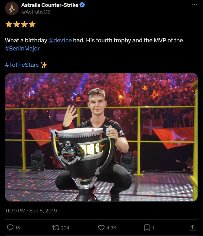 Dev1ce helped Astralis win the 2019 Valve Major Championships in Berlin