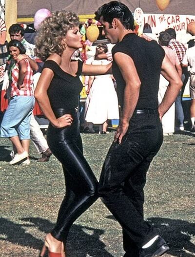 [Sandy and Danny dance in the finale of 'Grease.']