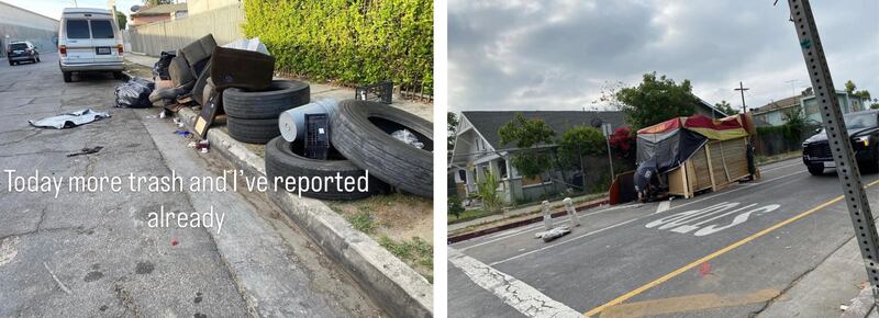 Photos of trash and unhoused encampments on streets in Los Angeles.