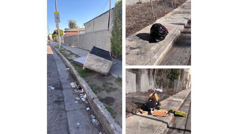 Photo of sidewalks with trash on them.