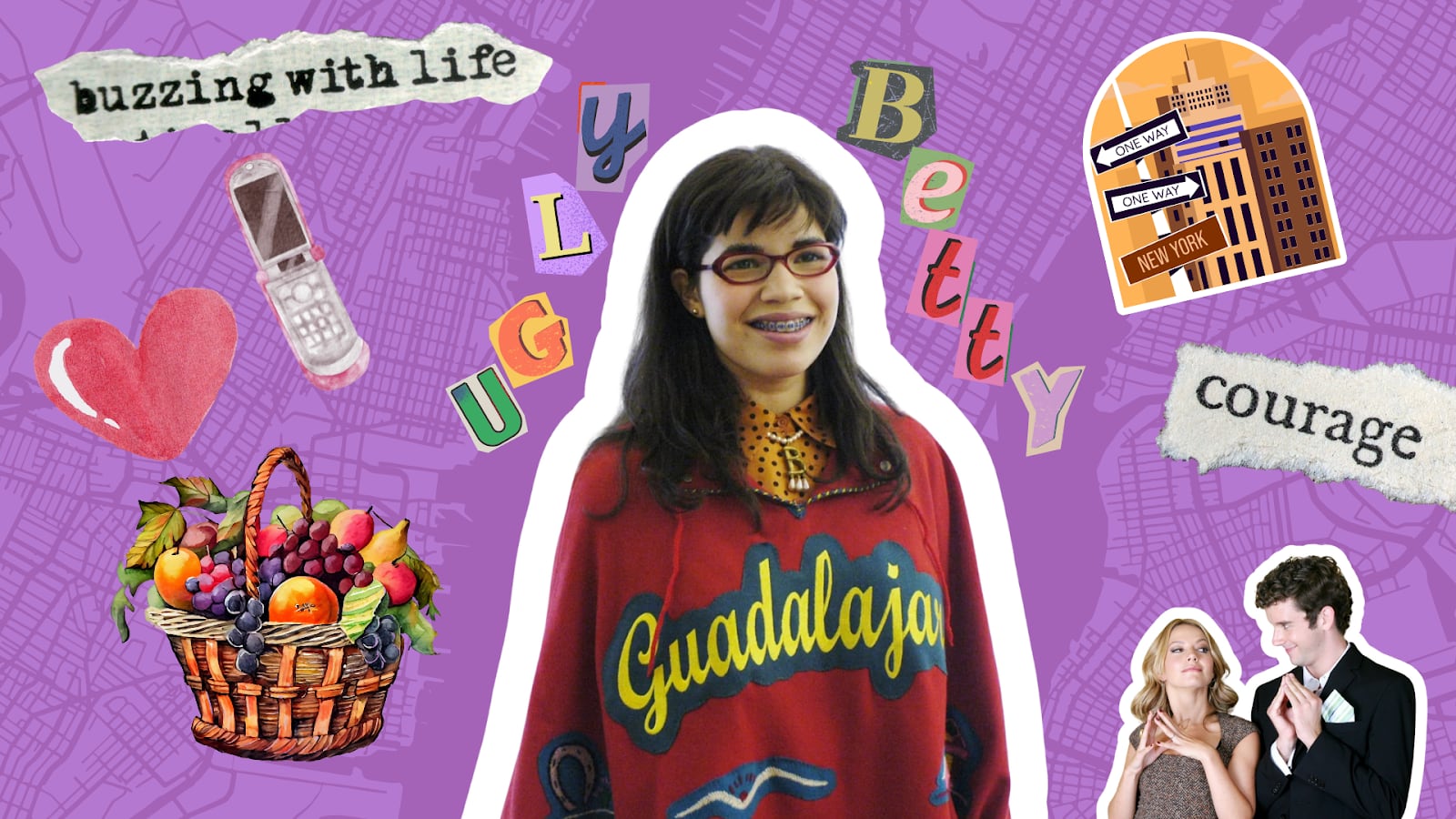 A digital collage of Betty Suarez (played by America Ferrera) with elements like a New York City map and other characters from the show.