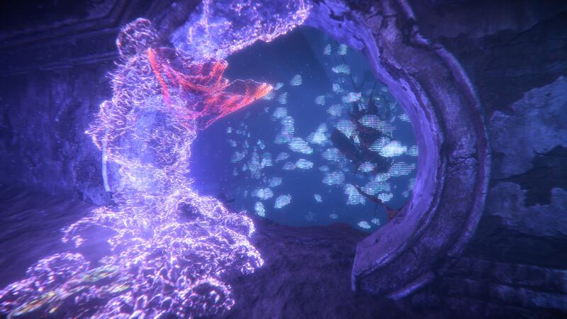 Neon holograms in the underwater ruins of "Horizon Forbidden West."