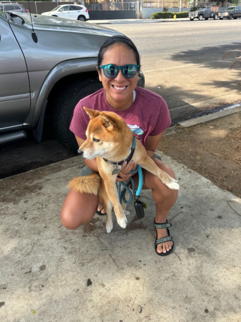 A woman in sunglasses and a pink shirt holding a dog.