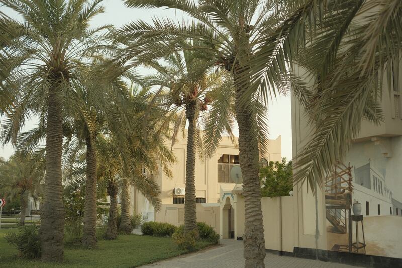 Pictures of palm trees in front of a traditional building in Bahrain