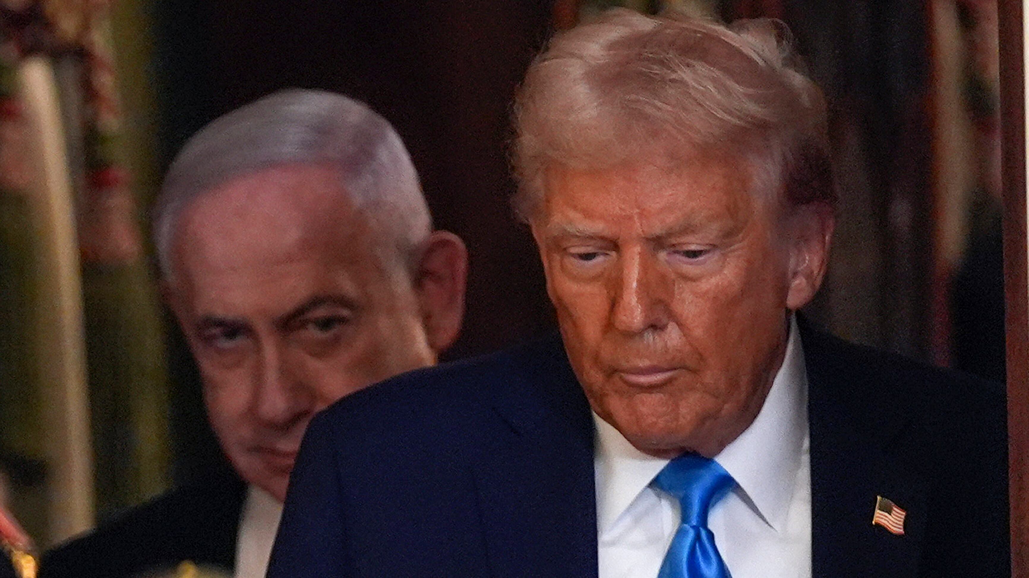 President Donald Trump and Israel's Prime Minister Benjamin Netanyahu arrive for a news conference in the East Room of the White House, Tuesday, Feb. 4, 2025, in Washington. (AP Photo/Evan Vucci)