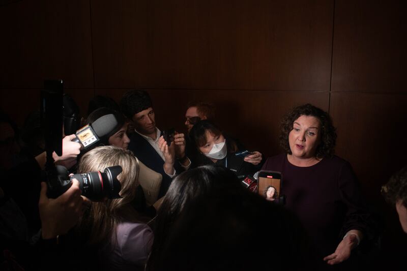 Katie Porter fielded questions from reporters after an interview with KFI AM 640 on iHeartRadio in the spin room.