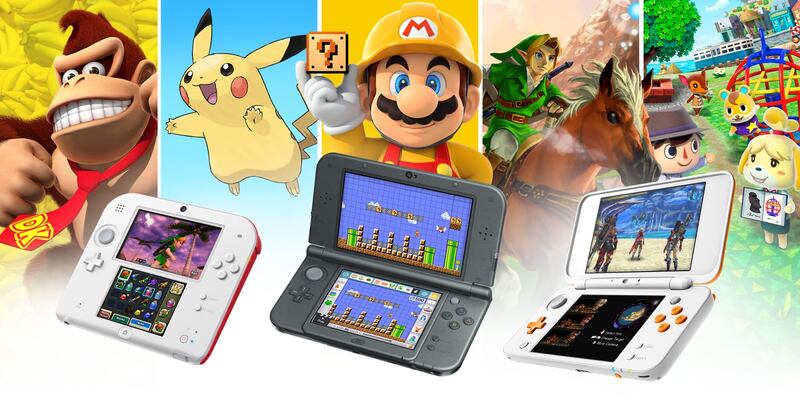A 3DS ad, showcasing the different models, and some of the franchises represented on the console