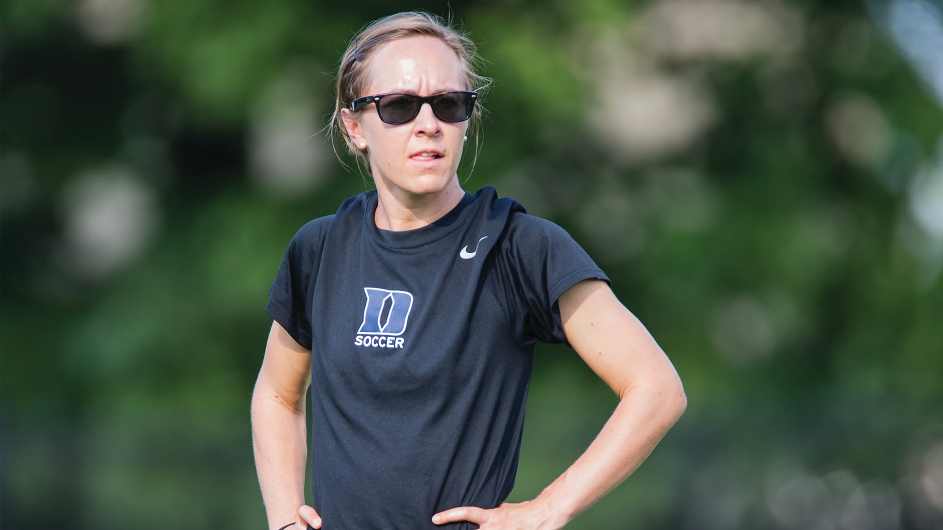 New USC women's soccer head coach Jane Alukonis wearing a Duke shirt during her time as the Blue Devils' director of operations.