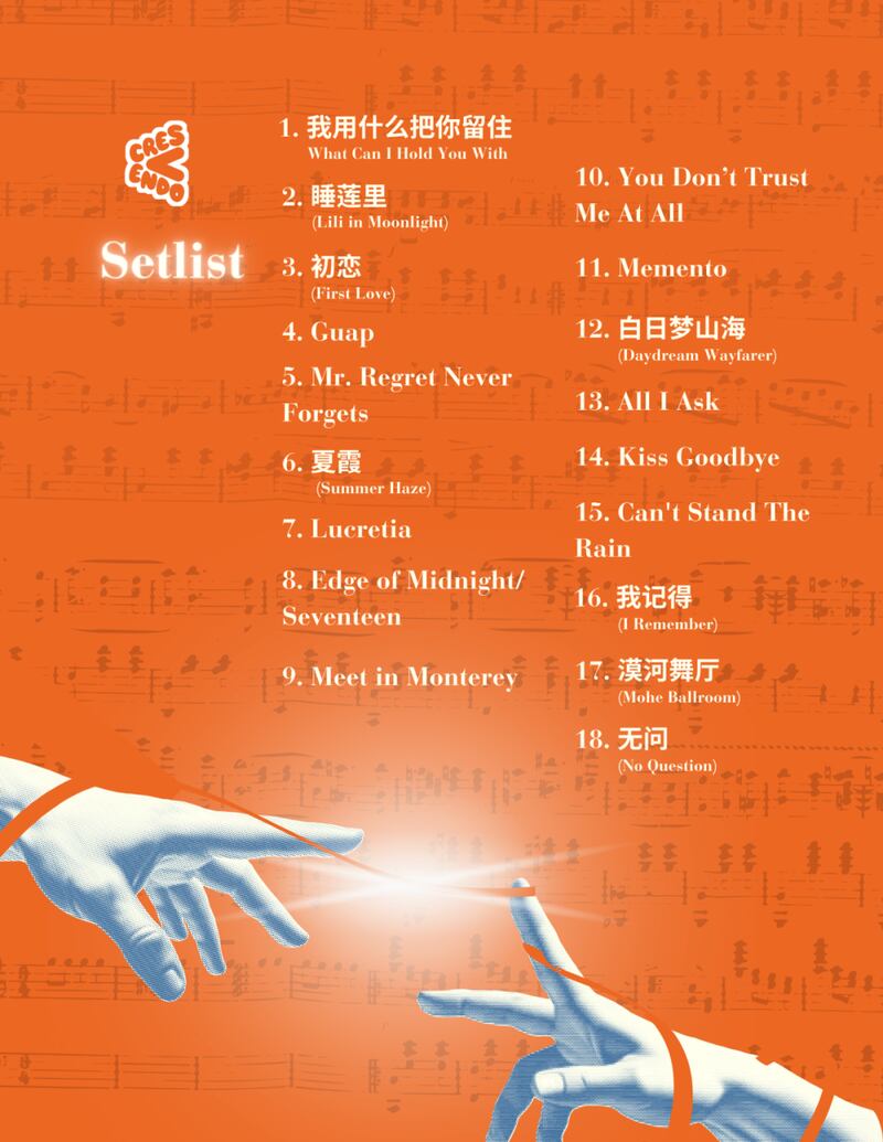 An orange poster showing two hands reaching out from each other and music notes in the background overlaid with text