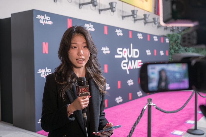 Multimedia Journalist Julia Kim reports live from the "Squid Game" Red Carpet event hosted by Netflix at NeueHouse Hollywood on 8 Nov 2021.
